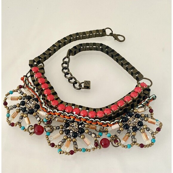 Pam Hiram Chunky Bib Necklace Semi Precious Beads Brass Cube Chain Handcrafted - Picture 3 of 10